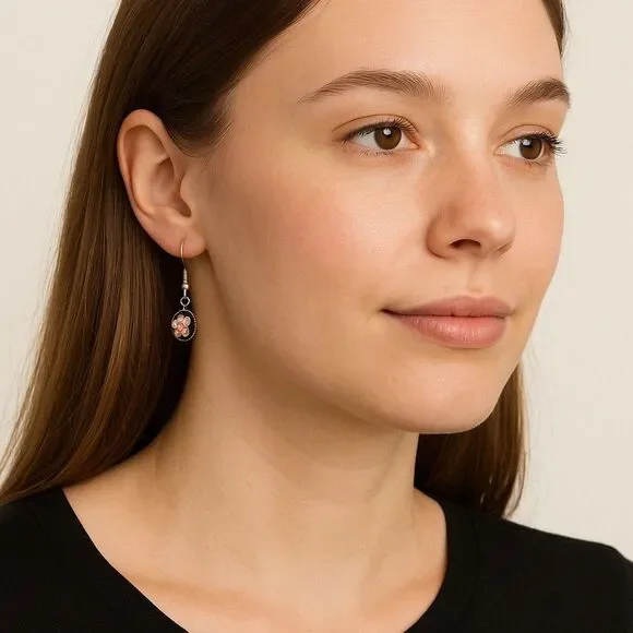 Vintage Cloisonné Enamel Bead Earrings Black Floral Drop Dangles Hand-Painted - Picture 10 of 11